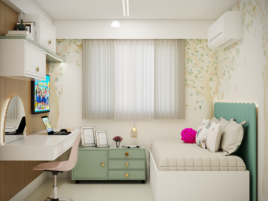 Depois: janela com cortina dupla, papel de parede floral, cama e penteadeira planejadas