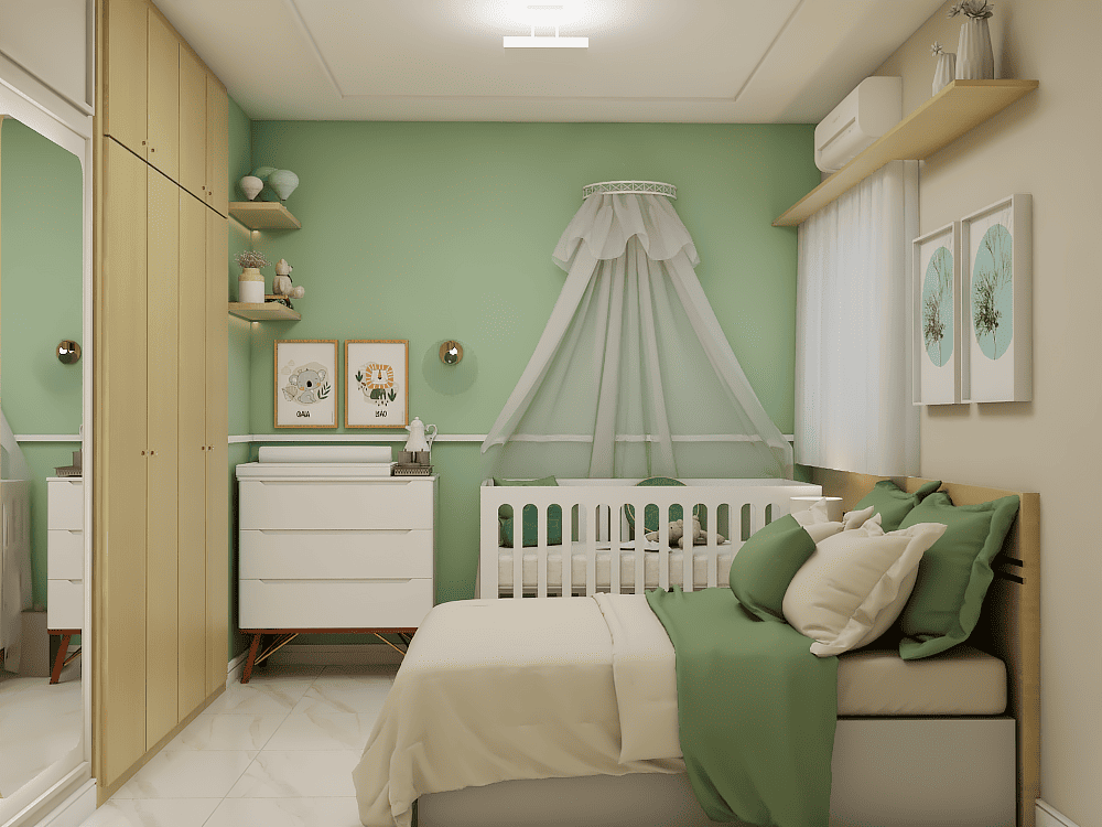 Depois: berço e cama integrados com parede verde e enxoval planejado