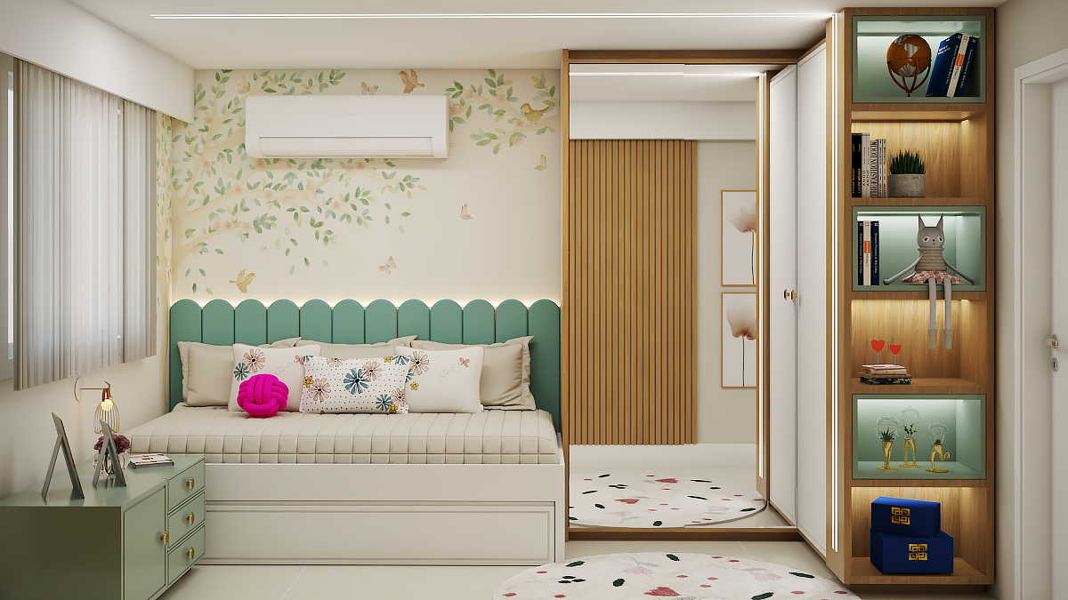 Depois: cama com cabeceira verde estofada, mural floral e estante iluminada