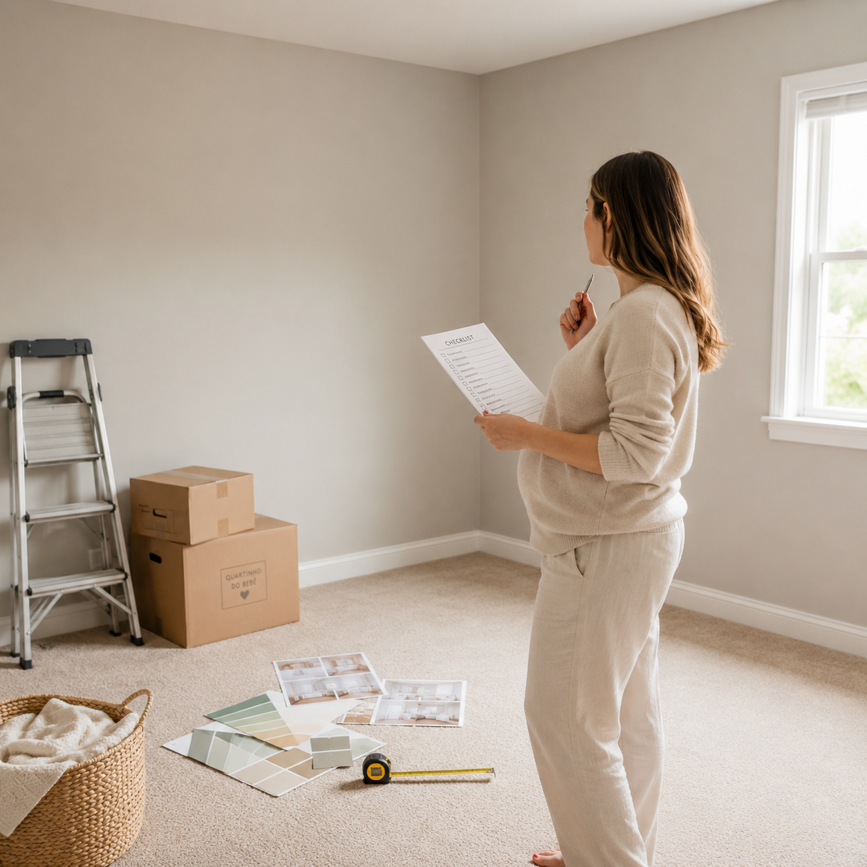 Gestante no quarto de bebê ainda vazio, com caixas, escada, amostras de cores e fita métrica no chão, segurando uma checklist de planejamento